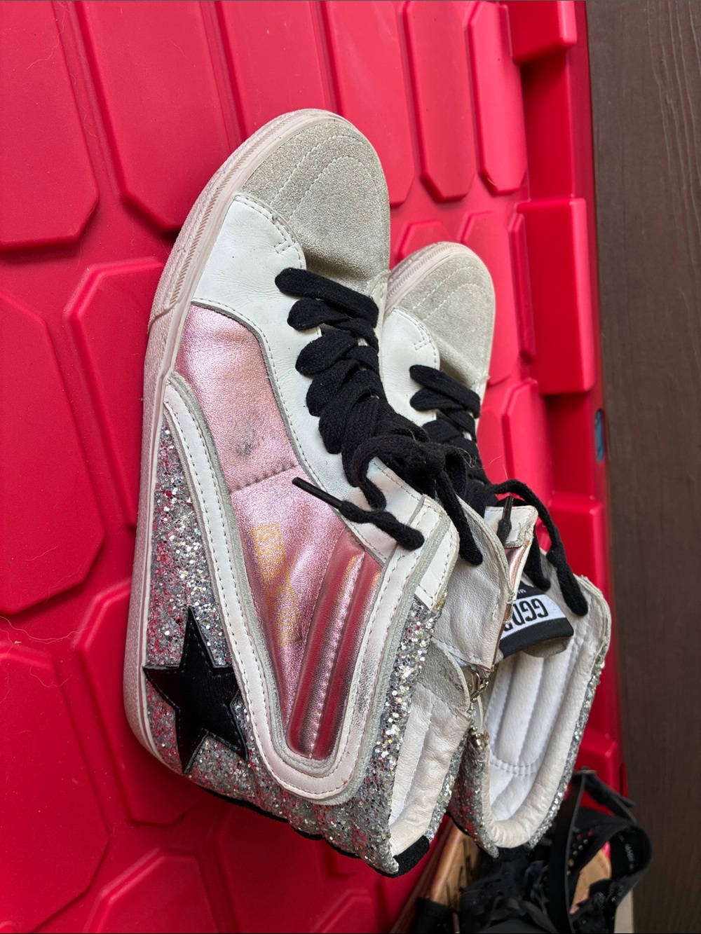 Golden Goose Pink and White Glitter High-Top Sneakers